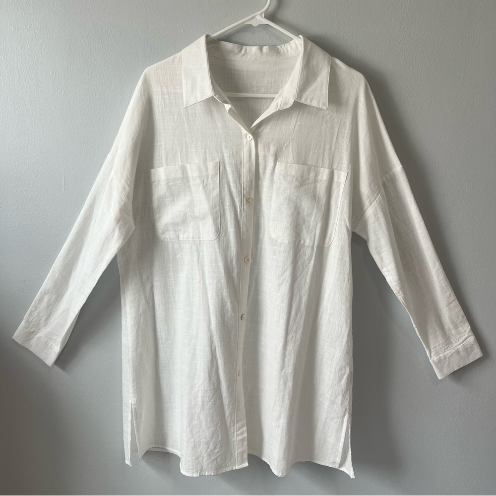 White 100% cotton Classic Button-Up Tunic Shirt;Wardrobe staple;Beach Cover up,L